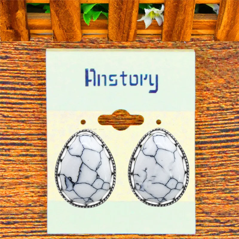 5 Colors Water Drop Stone Earrings Stud Vintage Lady Antique Silver Plated Push-Bback Earrings Fashion Jewelry TE509