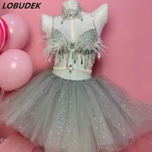 Фестивальный рейв вечерние женские бар клуб танец наряд серые стразы бахрома бюстгальтер сетка мини юбка 2 шт. ночной клуб танцор костюм