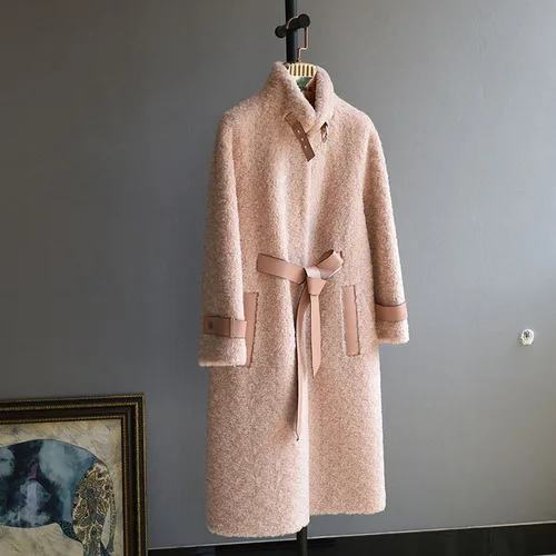 Pink Новинка, осенне-зимнее женское пальто с натуральным мехом, длинная куртка для стрижки овец, шерстяное пальто, корейское манто для женщин A0056 KJ3491 - Цвет: Pink