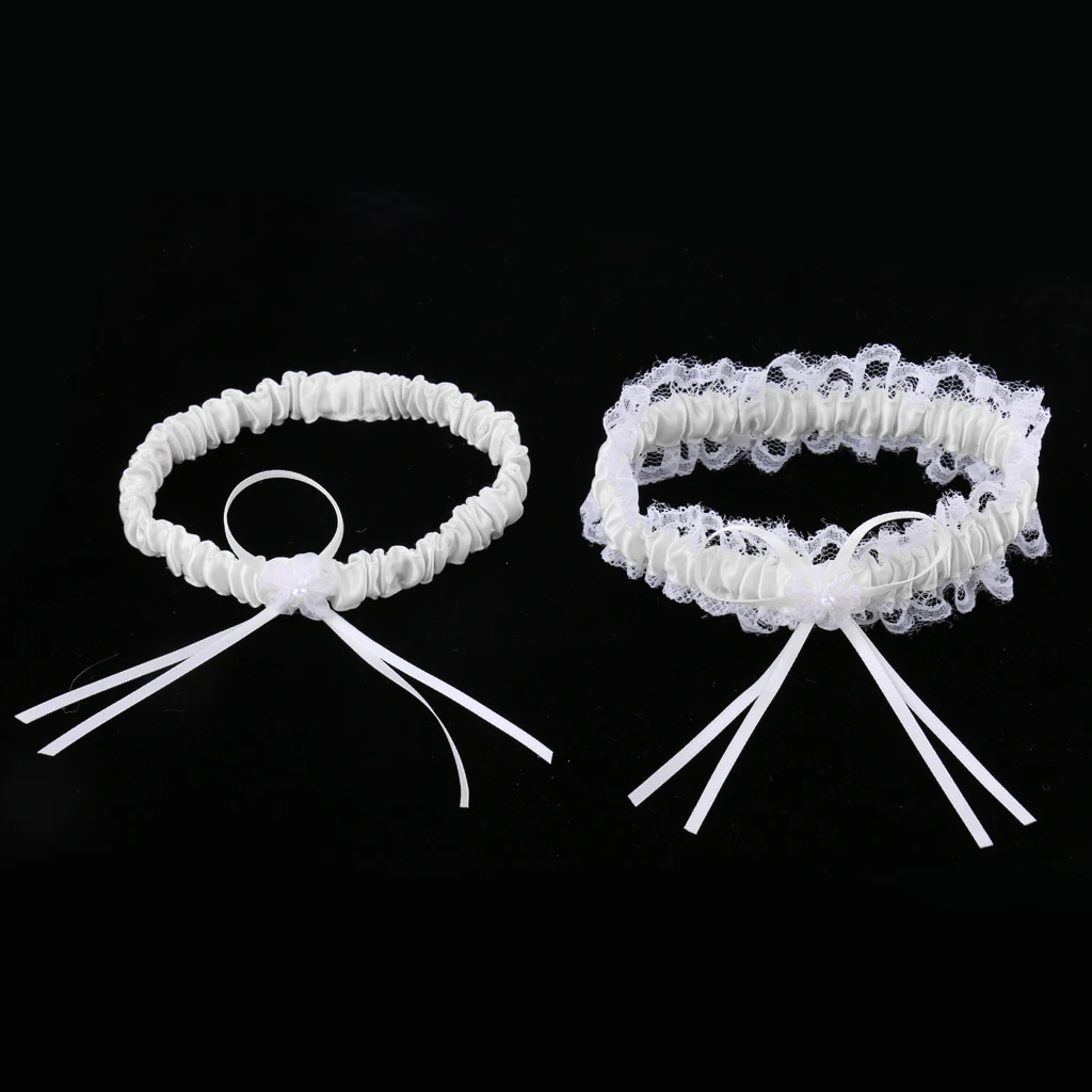 2Pcs Rustic Bridal Wedding Garter Floral Stretch Bridal Lace Satin Bowknot Thigh Ring Soft Socks Hen Party Lace Pearls Garter