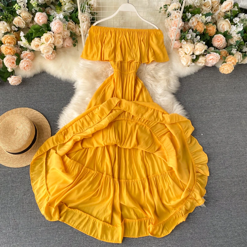 SINGRAIN Women Summer Off Shoulder Maxi Dress Solid Ruffles Dress Elegant Romantic A-Line Dress Korean Sexy Slash Neck Long Robe