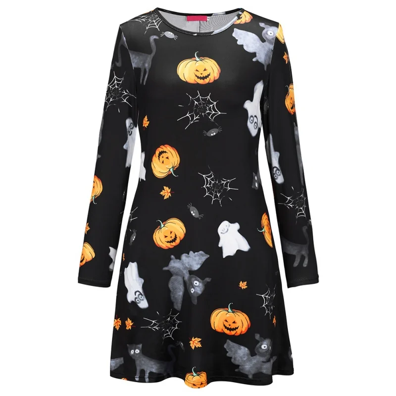 Весеннее Платье с принтом на Хэллоуин платье круглым вырезом и длинными рукавами