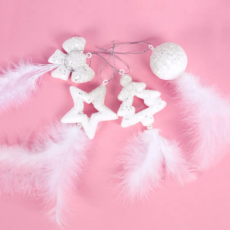 

2020 Creative Pink White Feather Snowflake Xmas Hanging Ornament Christmas Tree Decorations Pendant Xmas Wedding Party for Home