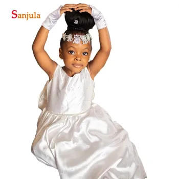 

Ivory Satin Cute Flower Girls Dresses Floor Length Shiny Beaded Open Back with Bow Lovely First Communion Dresses D1433