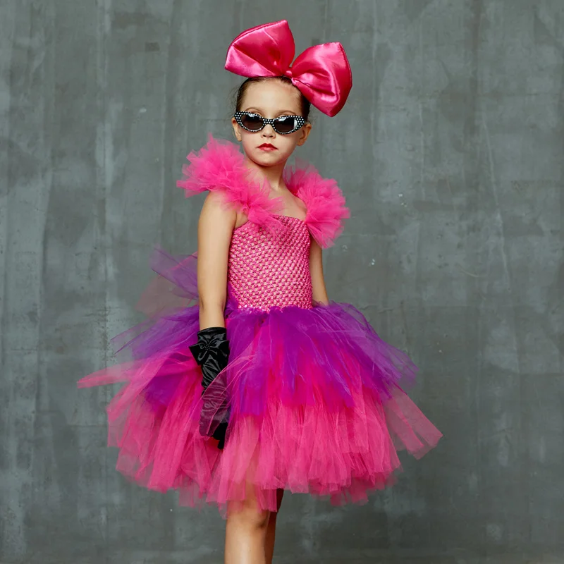 Bright Pink and Purple Tutu Dress with Deluxe Bows and Glasses Girls Punk Rock Tutu Dress Kids Birthday Party Halloween Costume