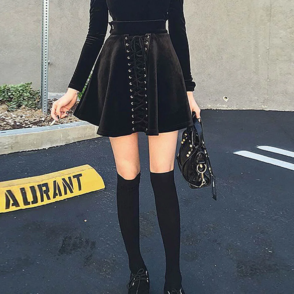 

Gothic Mini Skirt Women A Line High Waist Elegant Lace Up Spring Fashion Black Streetwear Dark Girl Club Goth Casual Skirts