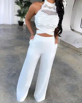 

Bandage Lace Top Wide Leg Pants Set Women Solid White 2 Piece Set