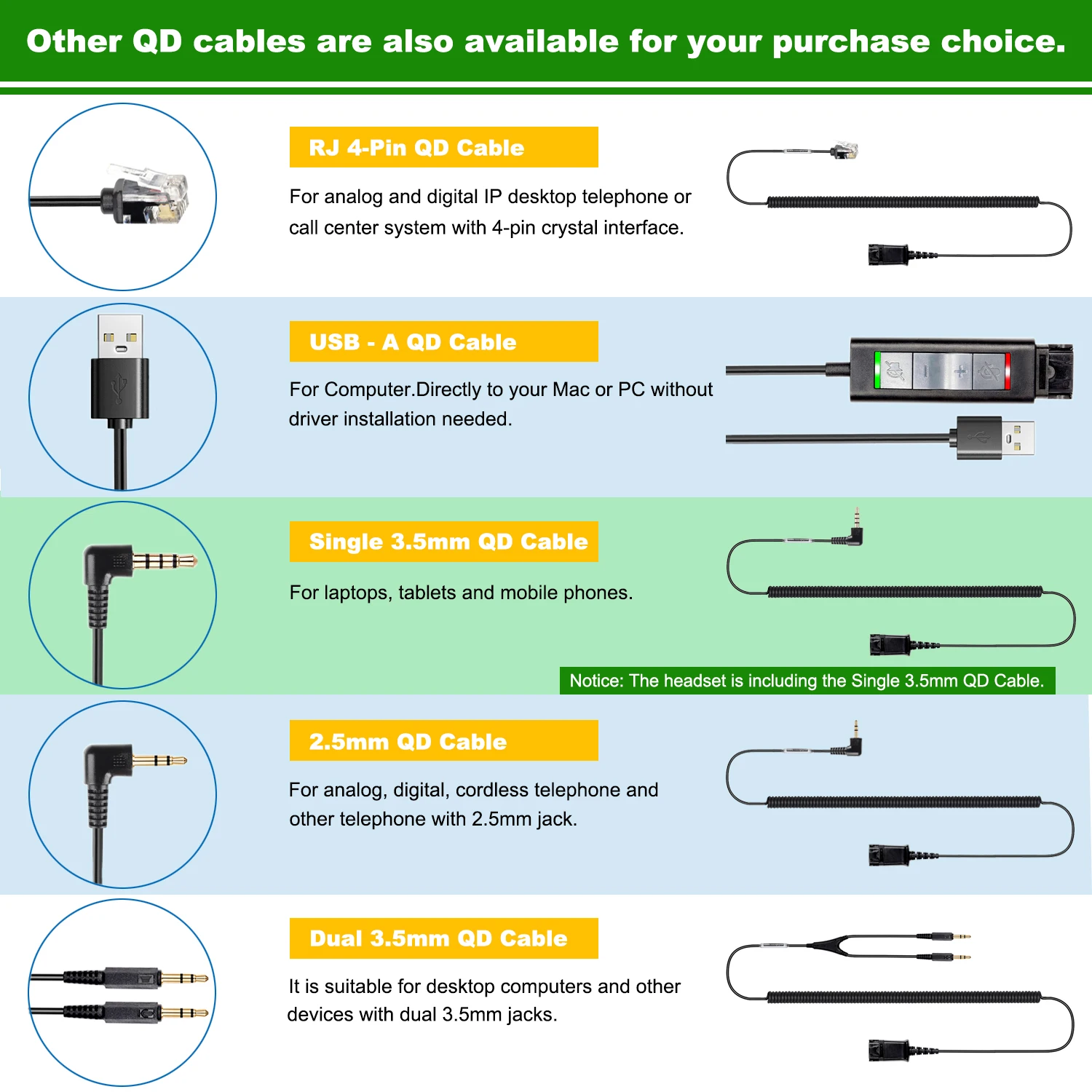 Call center headphones QD (Quick Disconnect) headset with single 3.5mm plug for laptop Smartphone computer PC notebook etc