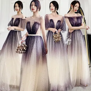 

Shiny Bridesmaid Dresses Gradient A-Line Wedding Party Gowns Boat Neck Off Shoulder Formal Dress Sleeveless Elegant Vestido R080