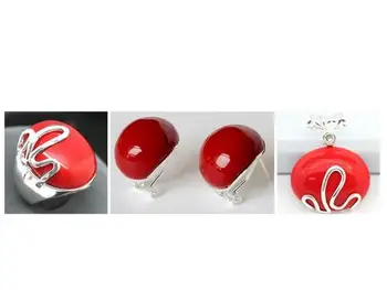 

Perfect matched Red Coral Carved Lacquer Marcasite 925 Sterling Silver Ring(#6-9) Earrings & Pandent jewelry sets