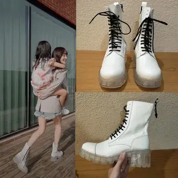 

Transparent Block Heel Mid Calf Boots Woman Platform Short Boots Women's Gladiator Shoes Europea British Vintage White Black
