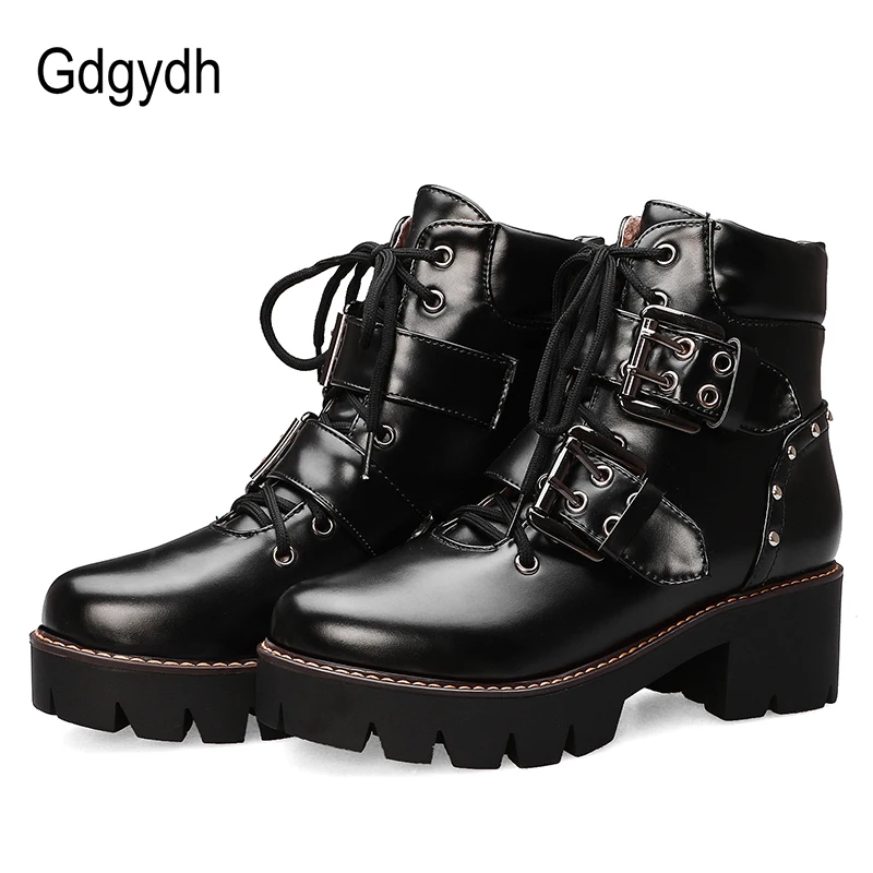 Женские ботинки с пряжкой Gdgydh черные удобные короткие в стиле панк на шнуровке и