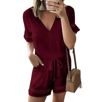 

Hot Women's V Neck Short Sleeve Elastic Waistline Jumpsuit Ladies Summer Casual Loose Playsuit