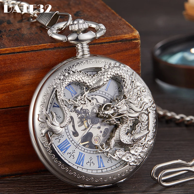 

Dragon Pattern Hollow Mechanical Pocket Watch Antique Steampunk Skeleton Dial Fob Chain Clock for Men Women Gift Dropshipping