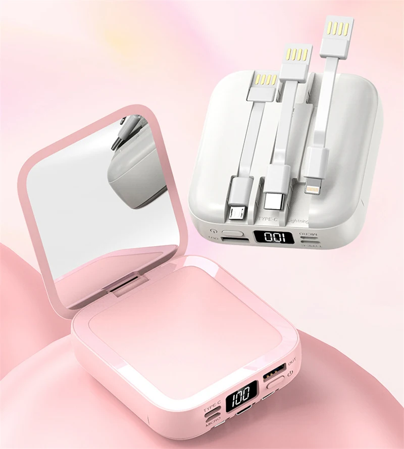 Mini Power Bank 20000mAh 10000mAh Built in Cable USB Type C Powerbank with Makeup Mirror For iPhone 12 Samsung Xiaomi Poverbank 65w power bank