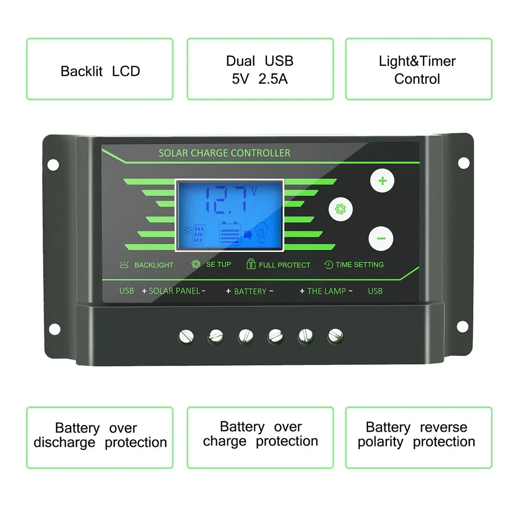 Solar Controller PWM 24V/12V Auto 30A 20A 10A Back-light LCD Solar Charge Regulator with Load Light and Timer Control