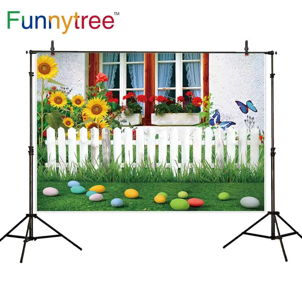 

Funnytree baby shower photography studio spring window Easter egg photo background sunflower garden backdrop photophone
