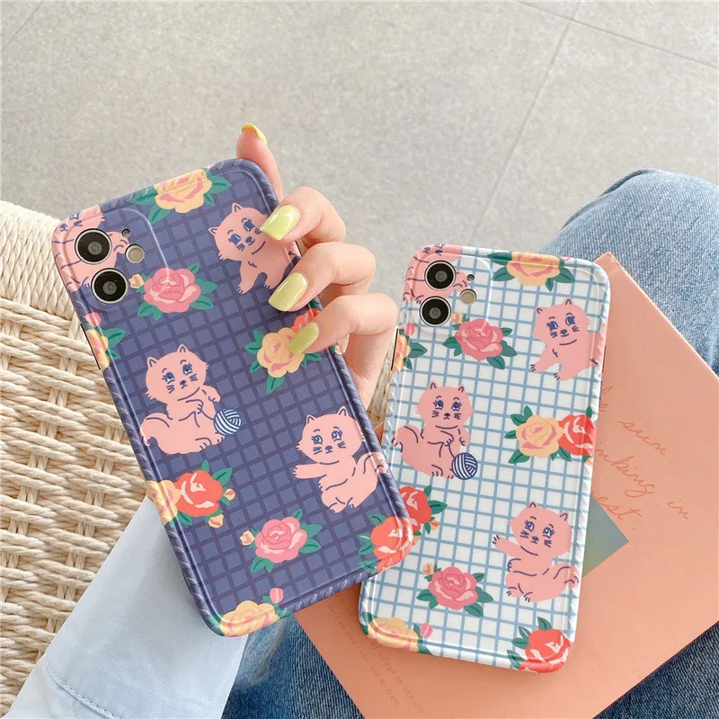 

Retro rose cat vintage painting Phone Case For iPhone 11 Pro Max case Cute soft cover For iPhone XS Max XR X 7 8 Plus 7Plus Case