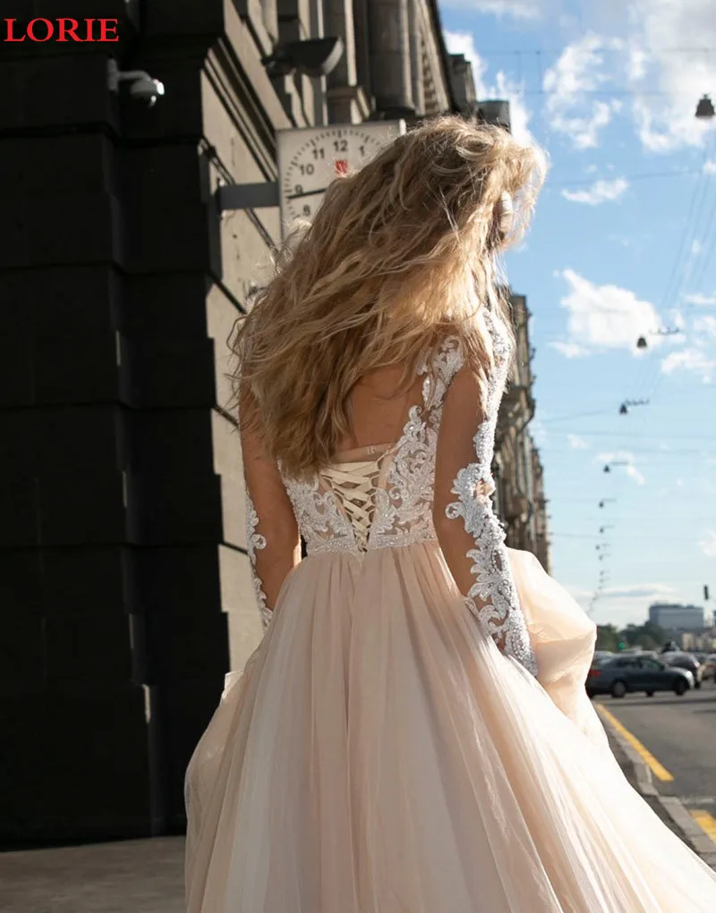 Lorie A Line свадебное платье цвета шампанского Vestido de novia с длинным рукавом Boho платье невесты свадебное кружевное платье на спине изготовление под заказ