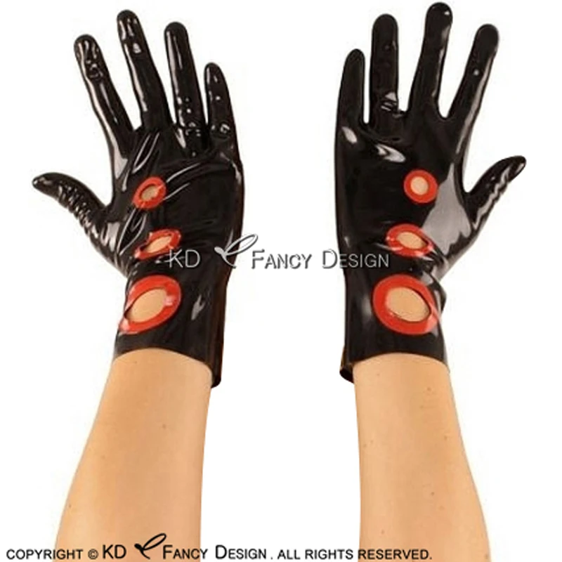 

Black With Red Dot Trims Sexy Short Latex Gloves Rubber Mittens ST-0051