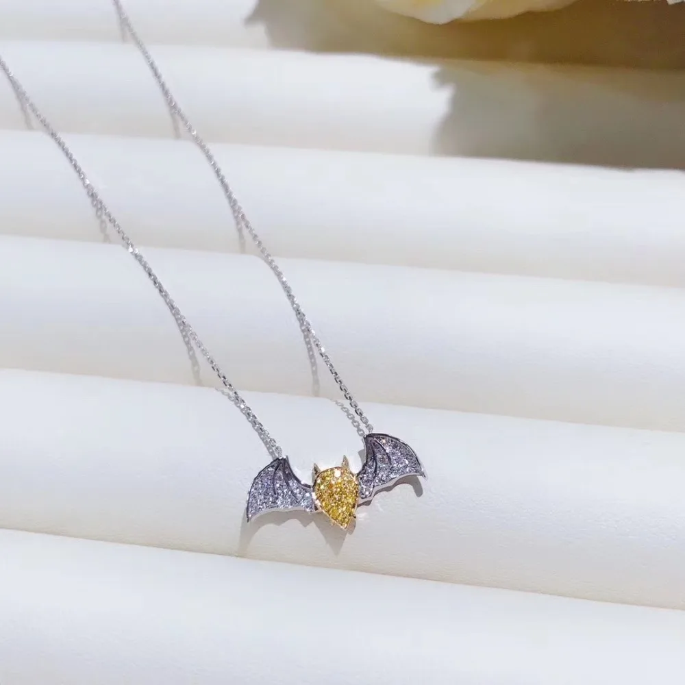 AEAW 18K White Gold 0.078ct Natural Yellow Diamond With 0.11ct White Diamond Bat Pendant Necklace Round Cut Necklace Women