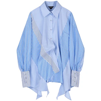 

New Women Striped Spliced Big Size Asymmetrical Blouse Lapel Long Sleeve Loose Fit Shirt Fashion Spring Autumn 2020