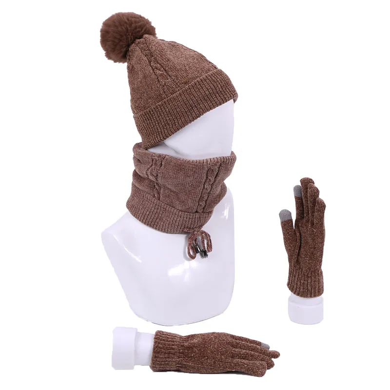 Pom Beanie кольцо для шляпы шарф и перчатки для сенсорного экрана набор для женщин Зимний теплый вязаный толстый Skullies Beanies с подкладкой наборы - Цвет: C
