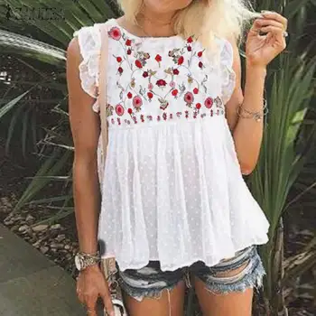 

Womem's Embroidery Blouse ZANZEA 2020 Bohemian Tank Tops Floral Blusas Summer Ruflle Shirts Female High Waist Lace Tunic 3XL