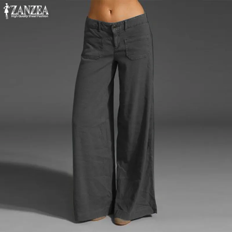 Summer Trousers Leg-Pants Pantalon ZANZEA Vintage Elegant Plus-Size Womens Wide Button