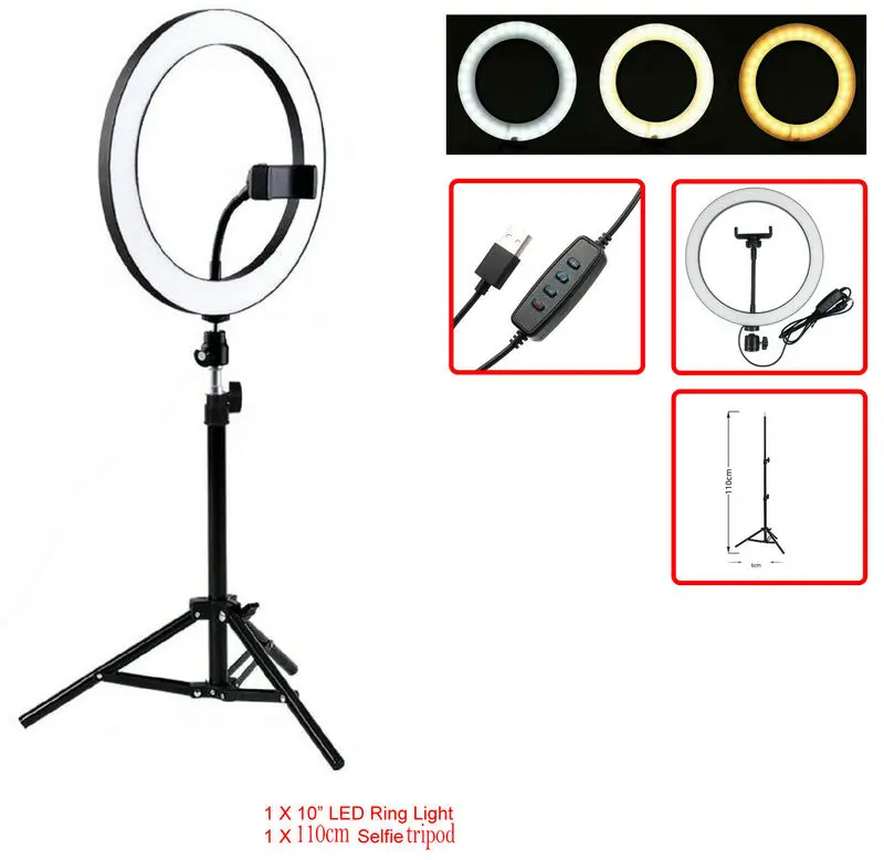 

10" LED Ring Light fill Lamp caster USB powered w/tripod Stand Kit Dimmable Photo Studio Selfie Phone Youtube Live stream 26CM