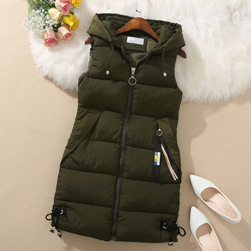 LOOZYKIT новые женские жилеты размера плюс зимняя куртка пальто с капюшоном и карманами теплый повседневный жилет с хлопковой подкладкой женский модный тонкий жилет - Цвет: ArmyGreen