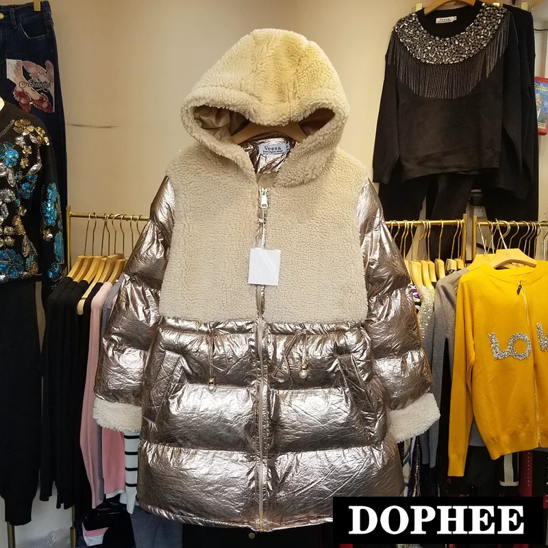 Medium Long Cotton Padded Coat Women's Winter New Hooded Lamb Fur Stitching Drawstring Parka Jacket Female Overcoats