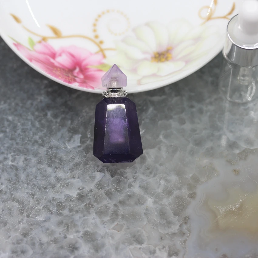 Natural Aquamarines/Amethysts/Turquoises Perfume Bottle Pendants,Plated Silver Essential Oil Diffuser Necklace Charms Jewelry