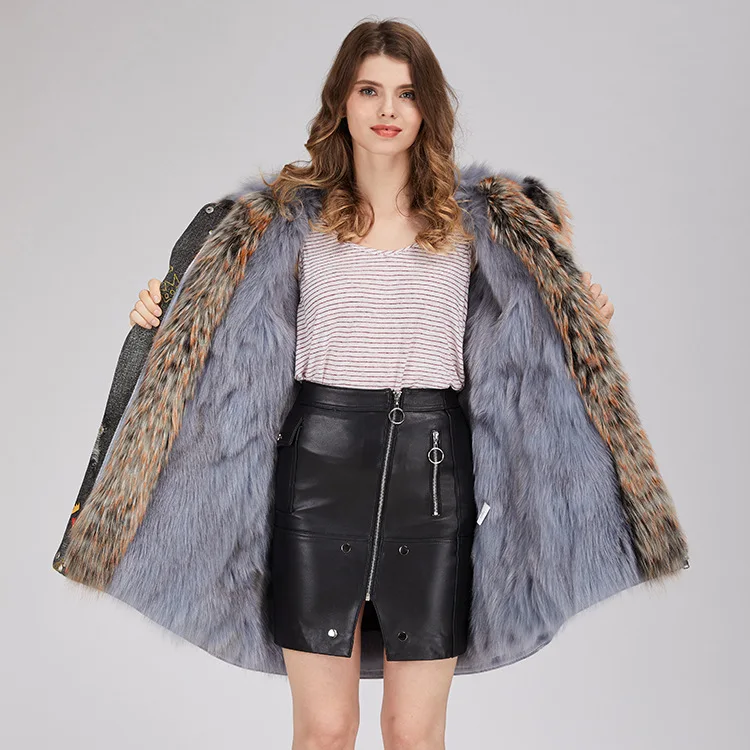 Yiwu Модные 2 цвета зимняя куртка женская енота меховой воротник из лисьего меха куртка-парка Обувь на теплом меху пальто новейший дизайн пальто
