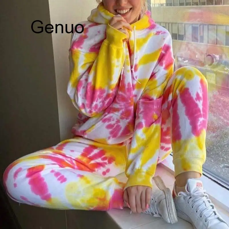 

Home Suit Women Casual Two Piece Tie-dye Printed Loungewear Set Long Sleeve Hoodie And Trousers Casuals Pajamas Sets 2020 New