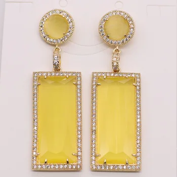 

new office lady cat eye stone rectangle style earring with brass CZ plated gun metal and gold color free shipping