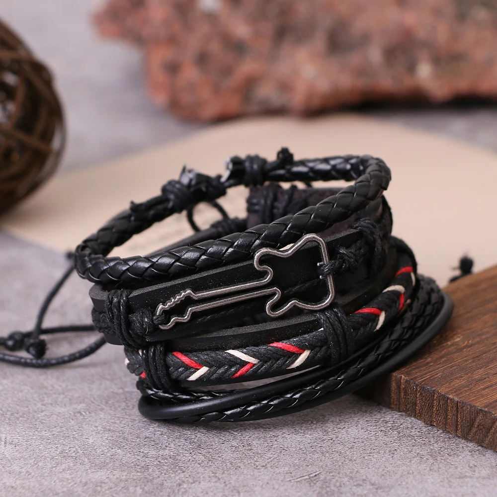 Guitar Cross Leaf Charm Weave Leather Bracelets 4 Pcs/set For Men Women Homme Femme Male Jewelry leather braided bracelet leather bracelet charm bracelet