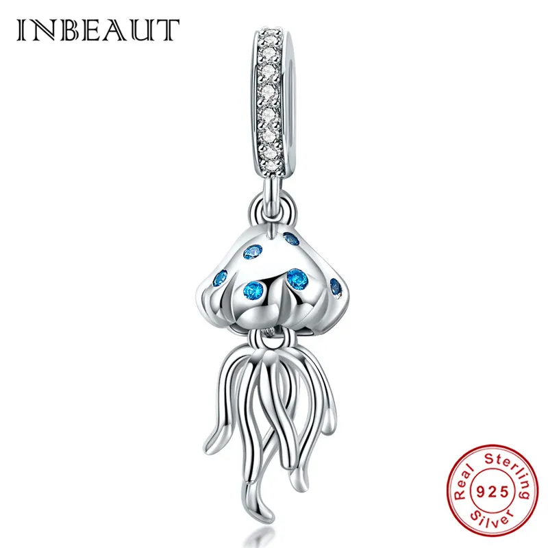 INBEAUT настоящая 925 пробы Серебряная Медуза Подходит для Пандора браслет Осьминог амулеты синий CZ Каракатица бусины для DIY ювелирных изделий