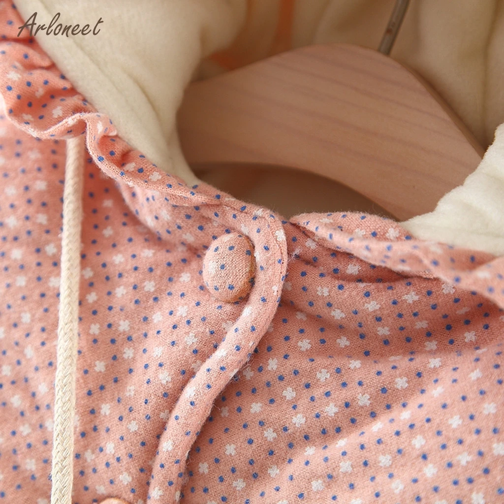 ARLONEET Children long sleeved ruffled dot print rabbit ears thickened plus velvet warm jacket cotton suit+ love bag Outwear