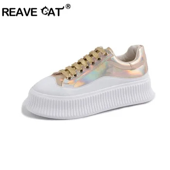 

REAVE CAT Genuine leather Thick bottom Daddy Sneakers shoes women 2020 autumn new trend lace up casual shoes Pink silver Bling