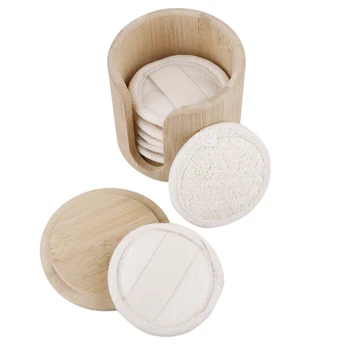 

8pcs Natural Luffa Plant Fiber Facial Scrubbing Washer Makeup Remover Pads Facial Cleaning Brush with Bamboo Storage Box