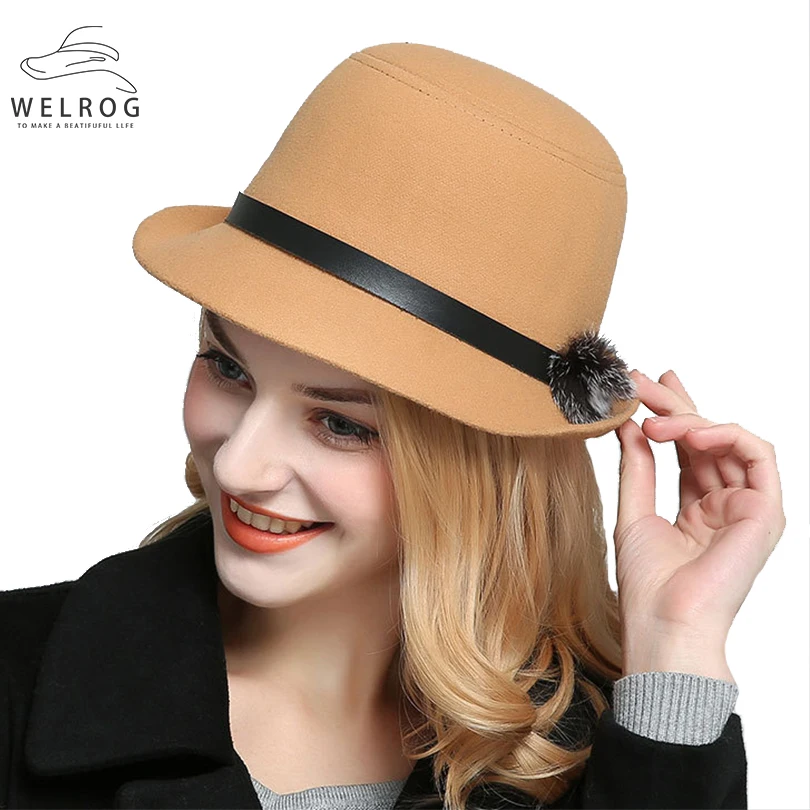 

WELROG Vintage Shaggy Hair Ball Fedoras Solid Tea Party Faux Wool Dome Winter Hats Warm Lady Floppy Outdoors Soft Fedoras Hat