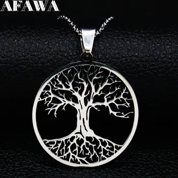 Collar de cadena de acero inoxidable con diseño de árbol de la vida para mujer, Gargantilla, cadena de eslabones, Color plateado, N42S01, 2021