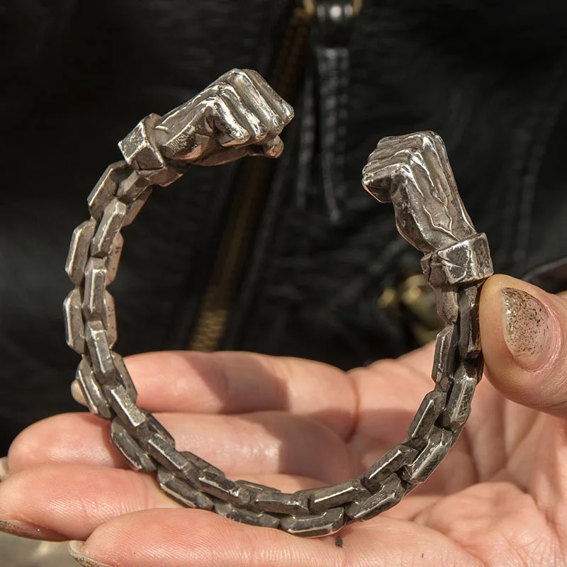 Real 100 999 Sterling Silver color fist Power Mens Heavy Bangle retro