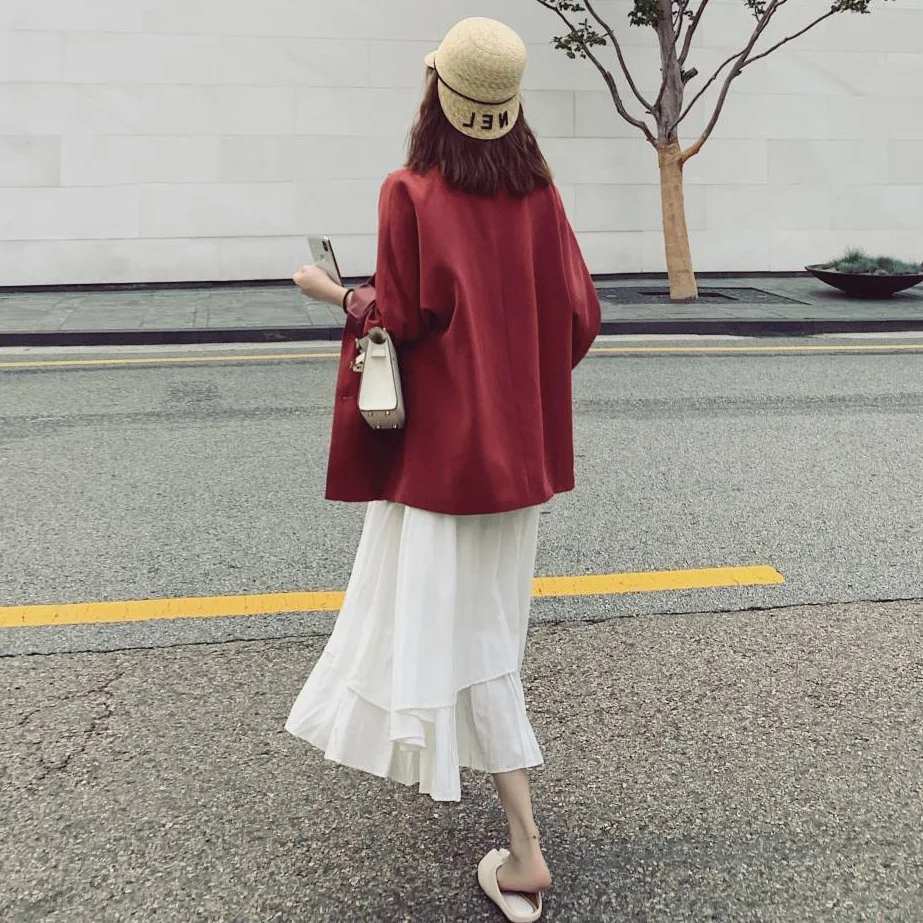 

Photo Shoot CHIC Vintage Wine Double Breasted Loose-Fit Versatile Small Suit Jacket Women's Irregular Half-length Skirt