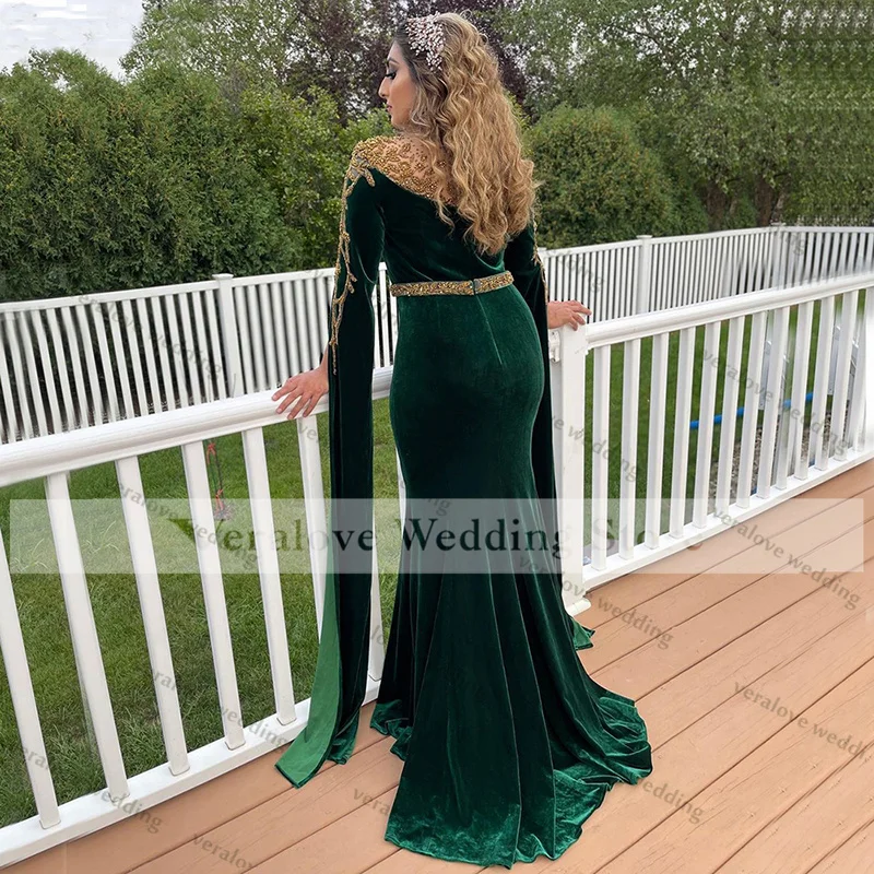Muslim Green Evening Dresses 2021 Beaded Elegant Mermaid Velour For Arabic Saudi Women Party Prom Wear vestidos de fiesta long prom dresses
