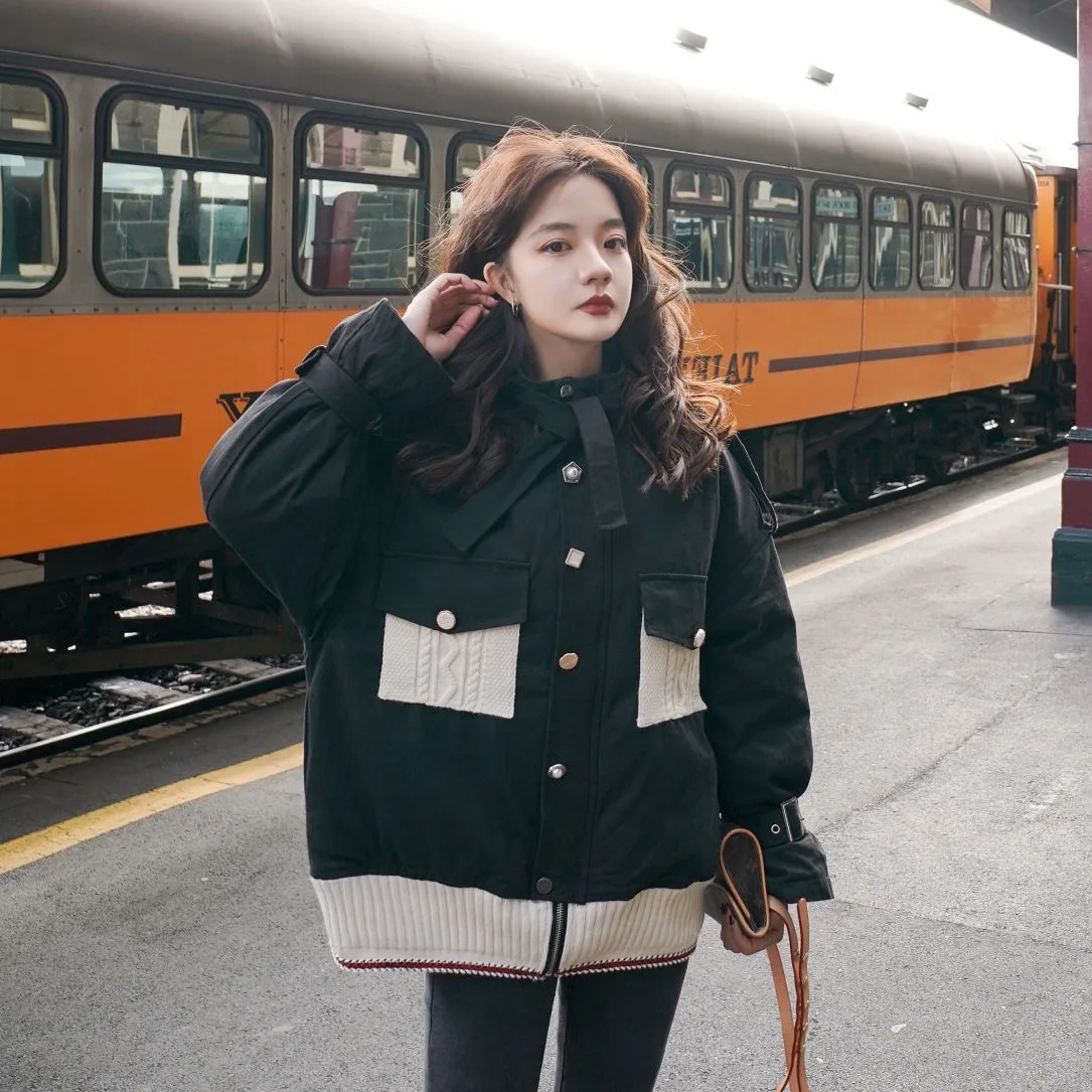 

Photo Shoot Main Push CHIC Simple-Style Yellow Handsome Bandage Cloth Stand Collar Knit Joint Mock Two-Piece Cotton Coat Short J