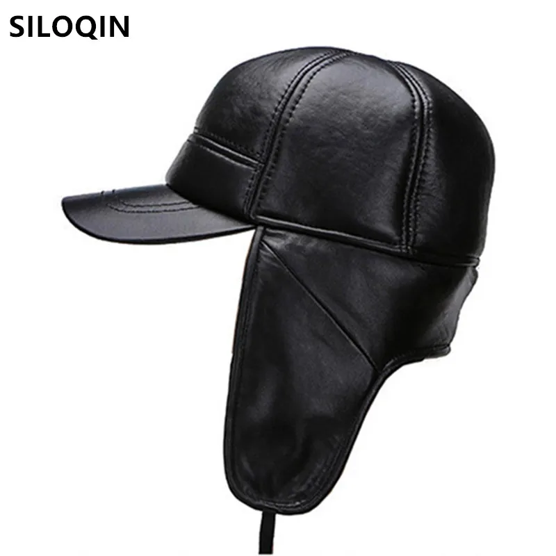 

SILOQIN Natural Genuine Leather Cap Winter Men's Warm Velvet Fur Bomber Hats New Sheepskin Leather Earmuffs Caps Dad Winter Hat