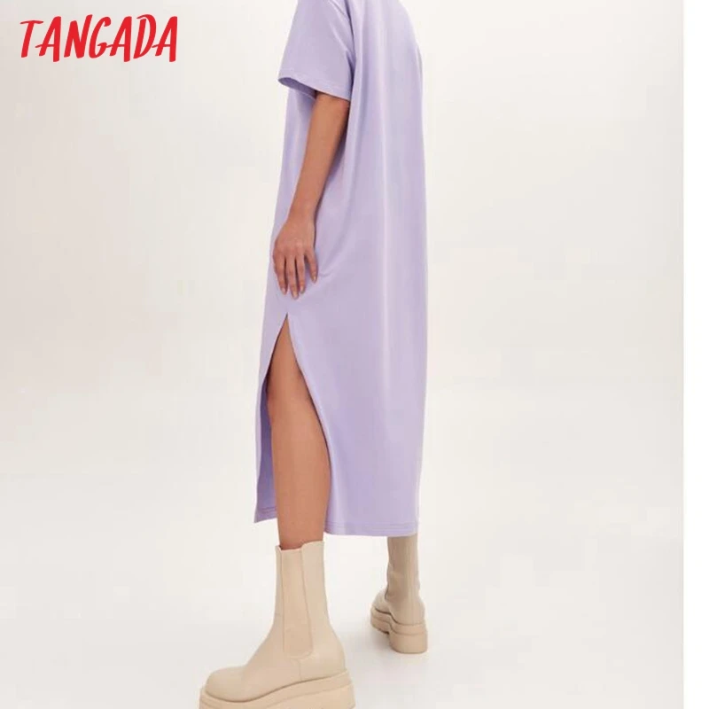 Tangada 2021 Women Elegant 95% Cotton Sweatshirt Dress Oversized Short Sleeve Side Open Ladies Midi Dress 6L60