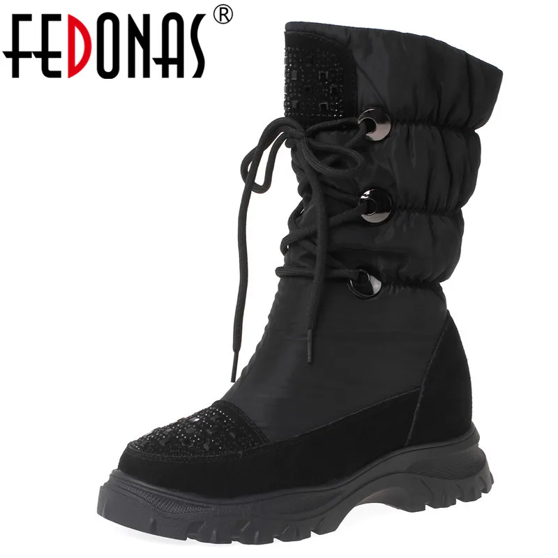 

FEDONAS Crystal Cow Suede Female Brand Snow Boots Flats Platform Boots Top Quality Warm Women Mid-Calf Boots Casual Shoes Woman
